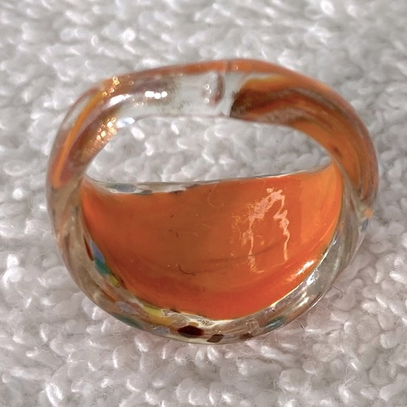 Vintage Art Glass Handmade Orange Gold Red Band Ring - Picture 9 of 11